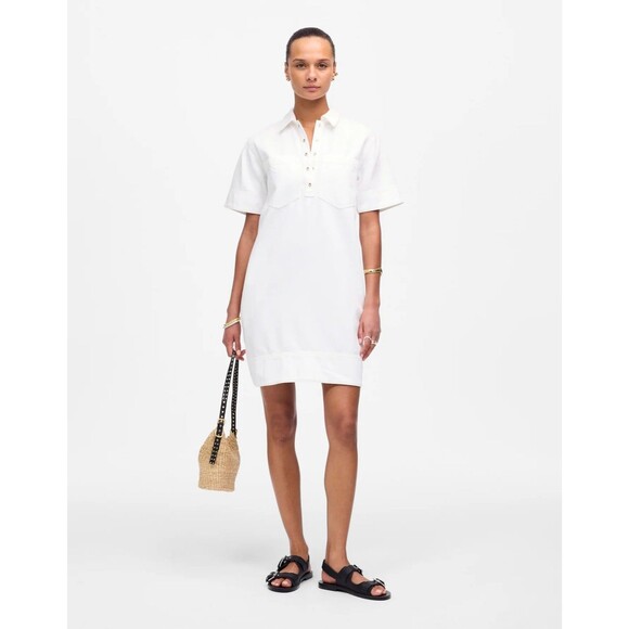 MADEWELL Denim Popover Dress L Pure White Pocket Mini Short Sleeve NWT B28 - Picture 1 of 6
